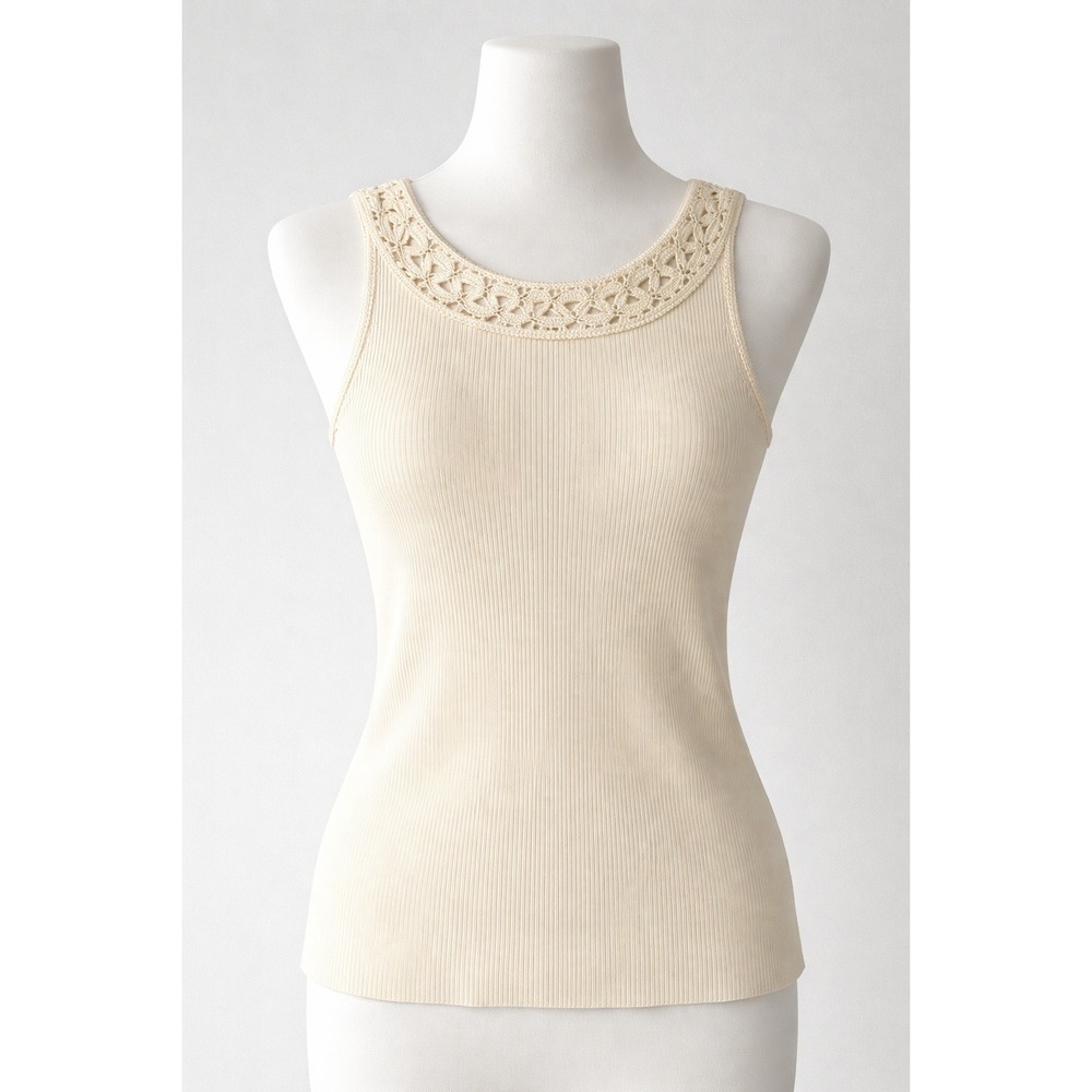 Y2K Valerie Stevens Petite L Silk Cotton Sweater‎ Tank Crochet Trim Cottage